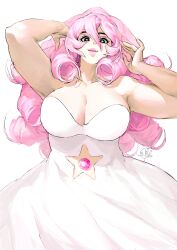 1girl absurdres black_eyes breasts cleavage commentary_request curly_hair dress highres huge_breasts korean_commentary lips long_hair looking_at_viewer pink_gemstone pink_hair rose_quartz_universe sepo_(mito609) smile solo star-shaped_pupils star_(symbol) steven_universe symbol-shaped_pupils white_background white_dress