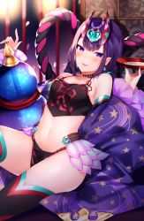 Rule 34 | 1girl, bare shoulders, black thighhighs, blurry, breasts, choker, crop top, cup, earrings, fangs, fate/grand order, fate (series), fundoshi, gourd, hair ornament, highres, holding, horns, japanese clothes, jewelry, looking at viewer, midriff, navel, off shoulder, pointy ears, purple eyes, purple hair, rope, sakazuki, shimenawa, shouu-kun, shuten douji (fate), shuten douji (fate/grand order), shuten douji (halloween caster) (fate), skin-covered horns, sleeveless, small breasts, solo, spaghetti strap, star (symbol), star print, thighhighs, thighs, wide sleeves