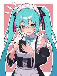 Rule 34 | 1girl, alternate costume, apron, black dress, blue bow, blue bowtie, blue eyes, blue hair, blue nails, blush, bow, bowtie, commentary request, corset, detached sleeves, dress, enmaided, facing viewer, frilled apron, frills, hair between eyes, hands up, hatsune miku, highres, kumada gaon, long hair, maid, maid apron, maid headdress, nail polish, nervous, number tattoo, shoulder tattoo, solo, stress, taking notes, tattoo, tears, twintails, upper body, very long hair, vocaloid, wavy mouth, white apron, writing