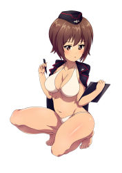 Rule 34 | 1girl, absurdres, bikini, blush, breasts, brown eyes, brown hair, cleavage, female focus, full body, girls und panzer, hat, highres, kuromorimine military uniform, large breasts, looking at viewer, military, military hat, military uniform, navel, nishizumi maho, notepad, open mouth, pen, shiny skin, short hair, simple background, solo, swimsuit, uniform, white background, white bikini