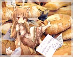 Rule 34 | 1girl, animal ear fluff, animal ears, barefoot, blunt bangs, blush, bread, brown hair, chibi, food, food request, fox ears, fox tail, holo, kolshica, long hair, paper, parted lips, photo background, red eyes, sitting, smile, solo, spice and wolf, tail, very long hair, wolf ears, wolf tail