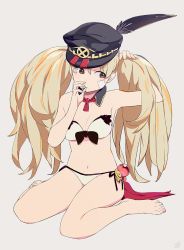 Rule 34 | 10s, 1girl, adjusting hair, arm up, bare shoulders, barefoot, bikini, black hat, blonde hair, breasts, cleavage, detached collar, feathers, front-tie top, granblue fantasy, hat, hat feather, holding, holding hair, long hair, looking to the side, medium breasts, monica (granblue fantasy), mouth hold, navel, open mouth, peaked cap, side-tie bikini bottom, signature, sitting, so shina, sohin, solo, swimsuit, twintails, tying hair, wariza, white bikini