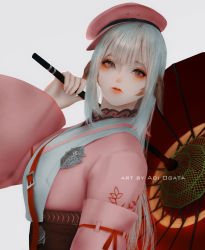 Rule 34 | 1girl, aoi ogata, artist name, au ra, brown eyes, cabbie hat, clip studio paint (medium), commentary, commission, english commentary, final fantasy, final fantasy xiv, grey background, grey hair, hat, highres, holding, holding umbrella, horns, japanese clothes, kimono, looking at viewer, oil-paper umbrella, original, parted lips, pink hat, pink kimono, red lips, red umbrella, scales, simple background, solo, umbrella, warrior of light (ff14)