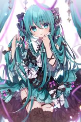 Rule 34 | 1girl, absurdres, adapted costume, aqua bow, aqua eyes, aqua hair, black bow, blurry, bow, collared dress, cowboy shot, curtains, depth of field, dress, gem, hair bow, hands up, hatsune miku, hazakura chikori, high-low skirt, highres, holding, holding hair, layered dress, long hair, looking at viewer, parted lips, pink bow, purple gemstone, short dress, skirt, solo, thigh strap, thighhighs, twintails, very long hair, vocaloid, white background, white bow, zettai ryouiki