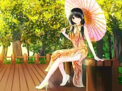 Rule 34 | 10s, 1girl, bench, black hair, breasts, chinese clothes, cleavage, date a live, heterochromia, high heels, highres, john 117, legs, low twintails, medium breasts, no socks, parasol, red eyes, side slit, sitting, smile, tokisaki kurumi, twintails, umbrella, yellow eyes