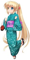 Rule 34 | 1girl, alternate costume, alternate hairstyle, animal print, bag, blonde hair, blue eyes, clenched hands, closed mouth, commentary request, expressionless, eyes visible through hair, feet, fish print, flower, full body, geta, green kimono, hair between eyes, hair flower, hair ornament, hands up, heterochromia, holding, holding bag, japanese clothes, kimono, long hair, nakatsu shizuru, otou (otou san), ponytail, purple sash, red flower, rewrite, sandals, sash, sidelocks, sleeves past wrists, solo, standing, standing on one leg, straight hair, toes, very long hair, wide sleeves, yellow eyes, yukata