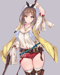 Rule 34 | 1girl, arm up, atelier (series), atelier ryza, atelier ryza 1, belt, beret, black ribbon, blue belt, blush, breasts, brown belt, brown eyes, brown gloves, brown hair, cleavage, closed mouth, flask, gloves, grey background, hair between eyes, hair ornament, hairclip, hat, highres, jacket, jewelry, large breasts, leather belt, looking at viewer, muka tsuku, necklace, red shorts, reisalin stout, ribbon, round-bottom flask, short shorts, shorts, simple background, single glove, sleeveless, sleeveless jacket, smile, solo, staff, star (symbol), star necklace, thighhighs, thighs, vial, white hat, yellow jacket