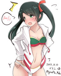 Rule 34 | 1girl, 2018, bikini, blush, breasts, character request, dated, giraffe (ilconte), green eyes, green hair, highres, jacket, jacket over swimsuit, kantai collection, looking away, mikuma (kancolle), navel, red ribbon, ribbon, see-through, small breasts, solo, surprised, swimsuit, twintails, twitter username, wet, wet clothes, white background