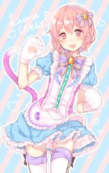 Rule 34 | 1boy, animal hands, bad id, bad pixiv id, blush, bow, braid, cat paws, cat tail, character name, crossdressing, cursive, dress, male focus, mole, mole under eye, nerunnn, open mouth, paw pose, pink eyes, pink hair, pretty series, pripara, reona west, short hair, smile, solo, tail, thighhighs, trap, white thighhighs