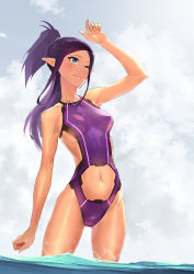 Rule 34 | 10s, 1girl, adapted costume, arm up, blue eyes, blue sky, breasts, clothing cutout, cloud, cowboy shot, day, gluteal fold, highres, long hair, looking up, macross, macross delta, mirage farina jenius, navel, navel cutout, ocean, one-piece swimsuit, one eye closed, outdoors, partially submerged, pointy ears, ponytail, purple hair, science fiction, sketch, sky, smile, solo, standing, swimsuit, tatsuwo, wading, water