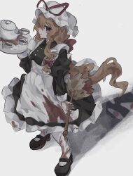 Rule 34 | 1girl, broom, brown hair, cup, empty eyes, from above, gap (touhou), hat, highres, holding, holding broom, holding tray, long hair, mob cap, shindiyue, solo, spill, standing, teacup, teapot, touhou, tray, very long hair, yakumo yukari