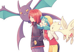 Rule 34 | 1boy, 1girl, :d, bike shorts, blush, closed eyes, closed mouth, commentary request, creatures (company), crobat, cropped jacket, eyelashes, game freak, gen 2 pokemon, green hair, hand in pocket, highres, jacket, komasawa (fmn-ppp), kris (pokemon), looking back, nintendo, open mouth, pants, pokemon, pokemon (creature), pokemon gsc, purple pants, red hair, red shirt, shirt, silver (pokemon), smile, sweatdrop, togetic, white jacket, yellow headwear, |d
