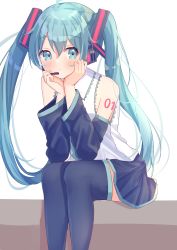 Rule 34 | 1girl, absurdres, ahoge, aqua eyes, aqua hair, aqua necktie, bare shoulders, black skirt, blush, closed mouth, collared shirt, commentary request, cropped legs, detached sleeves, dress shirt, hair between eyes, hatsune miku, headset, highres, long hair, looking at viewer, necktie, number tattoo, pleated skirt, shirt, shoulder tattoo, sitting, skirt, sleeveless, sleeveless shirt, solo, tattoo, thighhighs, twintails, vocaloid, white background, white shirt, yuuna (vhux2273), zettai ryouiki
