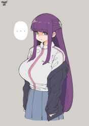 Rule 34 | ..., 1girl, absurdres, artist name, black jacket, blue skirt, blunt bangs, breasts, closed mouth, cropped legs, fern (sousou no frieren), grey background, highres, huge breasts, jacket, large breasts, long hair, long sleeves, looking at viewer, norman maggot, purple eyes, purple hair, shaded face, sidelocks, skirt, solo, sousou no frieren, spoken ellipsis, sweater, upper body, white sweater
