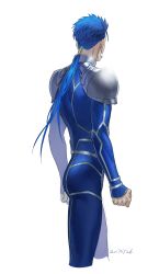 Rule 34 | 1boy, armor, ass, beads, bifanghuanshi, blue hair, bodysuit, clenched hand, cowboy shot, cu chulainn (fate), dated, earrings, fate/stay night, fate (series), from behind, hair beads, hair ornament, highres, jewelry, cu chulainn (fate/stay night), long hair, male focus, pauldrons, ponytail, shoulder armor, simple background, skin tight, solo, spiked hair, type-moon, white background