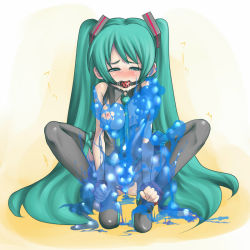 Rule 34 | 1girl, anal, ball gag, bdsm, blush, bondage, bound, breasts, female focus, full body, gag, gagged, gradient background, green eyes, green hair, hatsune miku, matching hair/eyes, monster, rir, slime, solo, vaginal, vocaloid, white background, wrists to ankles