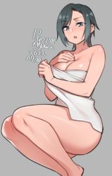 Rule 34 | 1girl, agawa ryou, aqua eyes, aqua hair, artist name, bare shoulders, blush, breasts, chestnut mouth, collarbone, commentary, dated, english commentary, grey background, hand on own chest, looking at viewer, medium breasts, naked towel, no shoes, open mouth, original, short hair, signature, simple background, solo, swept bangs, thighs, towel