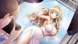 Rule 34 | 1girl, bare shoulders, blonde hair, blue eyes, blurry, blurry foreground, blush, bracelet, breasts, camera, center opening, cleavage, dolphin wave, dress, earrings, hair intakes, hand in own hair, hand up, highres, jewelry, kirahoshi kanna, large breasts, long hair, looking at viewer, necklace, official art, parted lips, shiny skin, side slit, smile, solo, taking picture