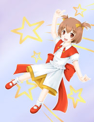 Rule 34 | 1girl, arc the lad, arc the lad ii, child, choko (arc the lad), dress, flat chest, red hair, ribbon, short twintails, skirt, solo, twintails, white background, yellow ribbon
