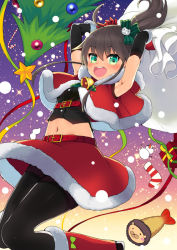 Rule 34 | 1girl, :d, ahoge, arm warmers, armpits, arms up, bell, belt, belt buckle, black pantyhose, black shirt, blush, boots, box, buckle, candy, candy cane, capelet, christmas ornaments, christmas stocking, christmas tree, crop top, ebi frion (matsuri channel), elbow gloves, food, fur-trimmed boots, fur-trimmed capelet, fur-trimmed gloves, fur-trimmed hood, fur-trimmed skirt, fur trim, gift, gift box, gloves, green eyes, hair between eyes, hair ornament, hair ribbon, holding, holding sack, hololive, hood, hood down, hooded capelet, knee boots, looking at viewer, midriff, minamura haruki, natsuiro matsuri, navel, night, night sky, open mouth, pantyhose, red belt, red capelet, red footwear, red gloves, red skirt, ribbon, round teeth, sack, santa costume, shirt, side ponytail, skirt, sky, smile, snowing, snowman, solo, star (sky), starry sky, striped, teeth, upper teeth only, virtual youtuber