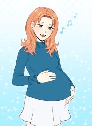 Rule 34 | 1girl, absurdres, adricarra, annette fantine dominic, blue eyes, blue sweater, fire emblem, fire emblem: three houses, hands on belly, highres, looking at belly, music, musical note, nintendo, open mouth, orange hair, pregnant, singing, skirt, smile, solo, sweater, white skirt