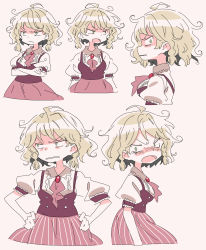 Rule 34 | 1girl, angry, blonde hair, blush, braid, character sheet, crossed arms, female focus, frown, green eyes, hands on own hips, highres, looking at viewer, masikakuma, messy hair, open mouth, original, pink neckwear, pink skirt, puffy short sleeves, puffy sleeves, short sleeves, side braids, sideways glance, simple background, skirt, solo, striped clothes, striped skirt, white background
