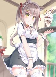 Rule 34 | 1girl, animal ear fluff, animal ears, apron, black dress, blueberry, blush, bow, breasts, brown eyes, brown hair, cat ears, cat girl, cat tail, closet, commentary request, covering privates, covering crotch, day, dress, food, frilled apron, frilled dress, frills, fruit, garter straps, hair bow, holding, holding tray, ice cream, indoors, keiran (ryo170), long hair, looking at viewer, maid, maid headdress, medium breasts, original, parfait, puffy short sleeves, puffy sleeves, red bow, short sleeves, sleeveless, sleeveless dress, solo, sunlight, tail, tail bow, tail ornament, tail raised, thighhighs, tray, twintails, very long hair, wafer stick, waist apron, white apron, white thighhighs, wrist cuffs