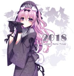 Rule 34 | 1girl, 2018, animal ears, arm ribbon, black bow, black gloves, black kimono, black ribbon, blush, bow, chinese zodiac, closed mouth, commentary request, cup, dog ears, dog girl, dog tail, floral print, gloves, hair between eyes, hair bow, hair ribbon, highres, holding, japanese clothes, kimono, long hair, long sleeves, looking at viewer, original, pink hair, print kimono, purple eyes, ribbon, sakazuki, solo, tail, tsukikage nemu, two side up, very long hair, wide sleeves, year of the dog