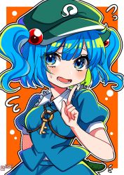 Rule 34 | 1girl, artist name, blue eyes, blue hair, blunt bangs, blush, breasts, cabbie hat, cucumber, eyes visible through hair, flying sweatdrops, frilled shirt collar, frills, green hat, hair between eyes, hair bobbles, hair ornament, hand up, hat, highres, index finger raised, ishiki nuru, kawashiro nitori, key, looking at viewer, lower teeth only, medium breasts, notice lines, open mouth, orange background, outline, short sleeves, skirt, solo, sweat, teeth, touhou, two side up, upper body, white outline