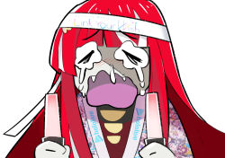 Rule 34 | 1girl, copyright name, crying, english text, glowstick, hololive, hololive indonesia, jacket, kureiji ollie, long hair, lutherniel, multicolored hair, red hair, scar, scar on face, solo, tears, virtual youtuber, white hair, zombie