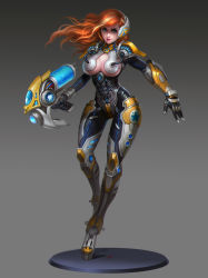 Rule 34 | 1girl, absurdres, bad id, blue eyes, bodysuit, breasts, cleavage, commentary, full body, gun, highres, holding, holding gun, holding weapon, large breasts, long hair, looking at viewer, mole, mole under eye, orange hair, original, parted lips, realistic, solo, standing, standing on one leg, star (symbol), weapon, yunpeng li