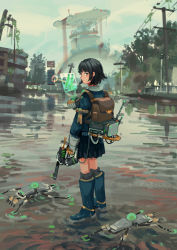Rule 34 | 1girl, absurdres, backpack, bag, black hair, black skirt, blue eyes, blue footwear, blue jacket, boots, building, closed mouth, commentary request, flood, full body, gloves, grey gloves, highres, holding, holding weapon, holographic interface, jacket, katakai, looking at viewer, looking back, original, outdoors, pleated skirt, post-apocalypse, power lines, robot, rubber boots, short hair, skirt, solo, utility pole, water, weapon