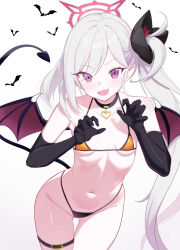 Rule 34 | 1girl, absurdres, bat (animal), bikini, black bikini bottom, black choker, black flower, black gloves, blue archive, breasts, choker, collarbone, commentary request, demon tail, demon wings, elbow gloves, fang, flower, gloves, grey hair, hair flower, hair ornament, halloween, halo, heart, heart choker, highres, long hair, looking at viewer, micro bikini, mismatched bikini, mutsuki (blue archive), navel, open mouth, orange bikini, purple eyes, red halo, side ponytail, skin fang, small breasts, solo, sonoda 345, swimsuit, tail, very long hair, wings