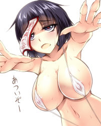 Rule 34 | 1girl, black hair, breasts, cleavage, collarbone, covered erect nipples, female focus, fingernails, glowing, glowing eyes, grey eyes, highres, huge breasts, miyako yoshika, nakajou, navel, ofuda, open mouth, outstretched arms, revision, sharp fingernails, short hair, slingshot swimsuit, solo, sweat, swimsuit, touhou, white background, zombie pose