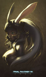 Rule 34 | 00s, 1girl, animal ears, bare shoulders, breasts, rabbit ears, character name, chester ocampo, cleavage, copyright name, dark, ears through headwear, final fantasy, final fantasy xii, fran (ff12), green eyes, helmet, instrument, large breasts, lips, long hair, solo, very long hair, viera, white hair