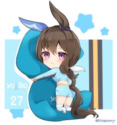 Rule 34 | 1girl, absurdres, admire vega (umamusume), animal ears, ass, blue jacket, blue shorts, blush, boots, bow, brown hair, chibi, closed mouth, clothing cutout, commentary request, ear covers, hair between eyes, highres, horse ears, horse girl, horse tail, horseshoe, hug, hugging object, jacket, long hair, long sleeves, looking at viewer, motor vehicle, multicolored background, peteron, pillow, pillow hug, ponytail, purple eyes, shorts, single ear cover, solo, tail, tail through clothes, thigh boots, twitter username, umamusume, white bow, white footwear, yogibo racing