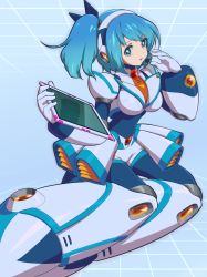 Rule 34 | 1girl, android, armor, armored boots, blue background, blue bodysuit, blue eyes, blue hair, blue ribbon, bodysuit, boots, breasts, commentary request, full body, gauntlets, gloves, gradient hair, hair ribbon, hand up, headset, highres, holding, holding tablet pc, hoshi mikan, large breasts, looking at viewer, mega man (series), mega man x (series), mega man x dive, multicolored hair, necktie, one side up, orange necktie, parted lips, ribbon, rico (mega man), robot ears, short shorts, shorts, sidelocks, smile, solo, tablet pc, transparent, white armor, white gloves, white shorts