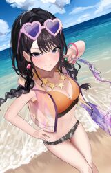 Rule 34 | 1girl, absurdres, bikini, black hair, blush, braid, breasts, collarbone, dutch angle, eyewear on head, feet out of frame, fingernails, hand on own hip, highres, idolmaster, idolmaster shiny colors, jacket, jewelry, kazano hiori, looking at viewer, medium breasts, mismatched bikini, mole, mole under mouth, nail polish, navel, necklace, outdoors, ring, see-through, see-through jacket, sleeveless, sleeveless jacket, smile, solo, star (symbol), star necklace, swimsuit, tinted eyewear, transparent bag, twin braids, uouokuma