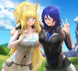Rule 34 | 2girls, animal ears, blonde hair, blue eyes, blue hair, blush, braco, breasts, cleavage, collarbone, commission, day, fox ears, grin, hair between eyes, hand on another&#039;s shoulder, large breasts, lips, long hair, long sleeves, looking at viewer, multiple girls, one eye closed, open mouth, original, outdoors, parted lips, ponytail, sidelocks, smile, teeth, tongue, upper teeth only, v