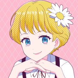 Rule 34 | 1boy, androgynous, ara (sora-ageha), argyle, argyle background, argyle clothes, blonde hair, buttons, collared shirt, eyelashes, flower, hair flower, hair ornament, kiryu miharu, male focus, pink background, red ribbon, ribbon, shirt, smile, solo, suspenders, upper body, white flower, witch watch