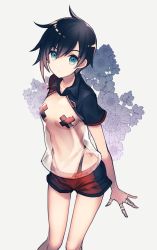 Rule 34 | 1girl, asymmetrical hair, bandaged fingers, bandages, black shorts, blue eyes, breasts, character request, copyright request, female focus, highleg, highleg panties, highres, looking at viewer, misono reiji, panties, pasties, short shorts, shorts, small breasts, solo, transparent, underwear