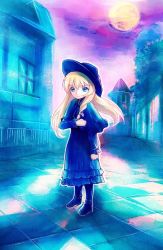 Rule 34 | 00s, 1girl, blonde hair, blue eyes, boots, cosette, cosette tholomyes, dress, full moon, les miserables, long hair, looking at viewer, mekarauroko, moon, night, nippon animation, solo, tiles, world masterpiece theater