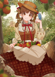 Rule 34 | 1girl, animal, animal on shoulder, apron, apron basket, bird, bird on hand, blurry, blurry foreground, blush, boater hat, brown hair, brown shirt, depth of field, food, fruit, hair rings, head tilt, highres, idolmaster, idolmaster shiny colors, long sleeves, looking at viewer, neck ribbon, outdoors, polka dot, polka dot skirt, raichita, ribbon, shirt, skirt, smile, solo, sonoda chiyoko, squirrel, waist apron
