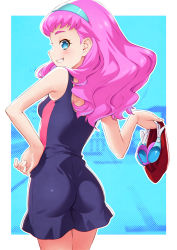 Rule 34 | 1girl, aqua hairband, ass, blue eyes, clenched teeth, hairband, hand on own hip, highres, kazuma muramasa, laura (precure), long hair, looking at viewer, looking back, one-piece swimsuit, pink hair, precure, revision, smile, solo, swimsuit, teeth, tropical-rouge! precure