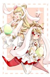 Rule 34 | 2girls, animal ears, blonde hair, blush, braid, breasts, rabbit tail, closed mouth, dango 2go, dress, earrings, fake animal ears, fire emblem, fire emblem heroes, gloves, green eyes, grey hair, hair ornament, jewelry, long hair, long sleeves, looking at viewer, multicolored hair, multiple girls, nintendo, open mouth, playboy bunny, red eyes, sharena (fire emblem), short hair, simple background, smile, tail, veronica (fire emblem), white background