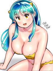 Rule 34 | 1girl, animal print, bikini, breasts, cleavage, green hair, highres, horns, kenken28937178, large breasts, long hair, looking at viewer, lum, oni, open mouth, simple background, smile, solo, swimsuit, tiger print, urusei yatsura, white background, yellow eyes