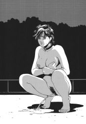 Rule 34 | 1980s (style), 1girl, ankokudou shinkaigyo, barefoot, blush, breasts, city hunter, city hunter collection, clenched hand, collar, feet, female pubic hair, forest, highres, makimura kaori, medium breasts, monochrome, nature, night, nipples, nude, oldschool, outdoors, peeing, pubic hair, public indecency, puddle, pussy, railing, retro artstyle, rippadou, shadow, short hair, small nipples, solo, squatting, sweat, toes, uncensored