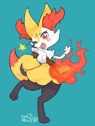 Rule 34 | 1girl, animal ear fluff, animal ears, animal hands, animal nose, aqua background, artist name, blush, blush stickers, braixen, collaboration, colorized, creatures (company), dated, fang, female focus, fire, fox ears, fox tail, full body, furry, furry female, game freak, gen 6 pokemon, hand up, happy, highres, holding, jpeg artifacts, leg up, looking at viewer, lovewolf5122, mizuki kotora, nintendo, one eye closed, open mouth, outstretched arm, pokemon, pokemon (creature), red eyes, signature, simple background, skin fang, smile, snout, solo, standing, standing on one leg, star (symbol), stick, tail, wink
