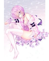 Rule 34 | 1girl, bikini, blush, breasts, choker, cleavage, fate/grand order, fate (series), fish, floating, floral background, flower, glasses, hair over one eye, highres, jacket, long sleeves, looking at viewer, mash kyrielight, medium breasts, pink hair, purple eyes, rezosempai, short hair, sitting, smile, solo, straight hair, swimsuit, thighhighs