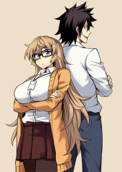 Rule 34 | 1boy, 1girl, :&lt;, back-to-back, beige background, black-framed eyewear, black hair, blonde hair, blue eyes, breasts, brown legwear, brown skirt, cardigan, commentary, crossed arms, english commentary, fingernails, furi2play!, glasses, height difference, id card, lanyard, large breasts, margit hartmann, open cardigan, open clothes, peach88, pleated skirt, shirt, skirt, sweatdrop, wesley lee, white shirt